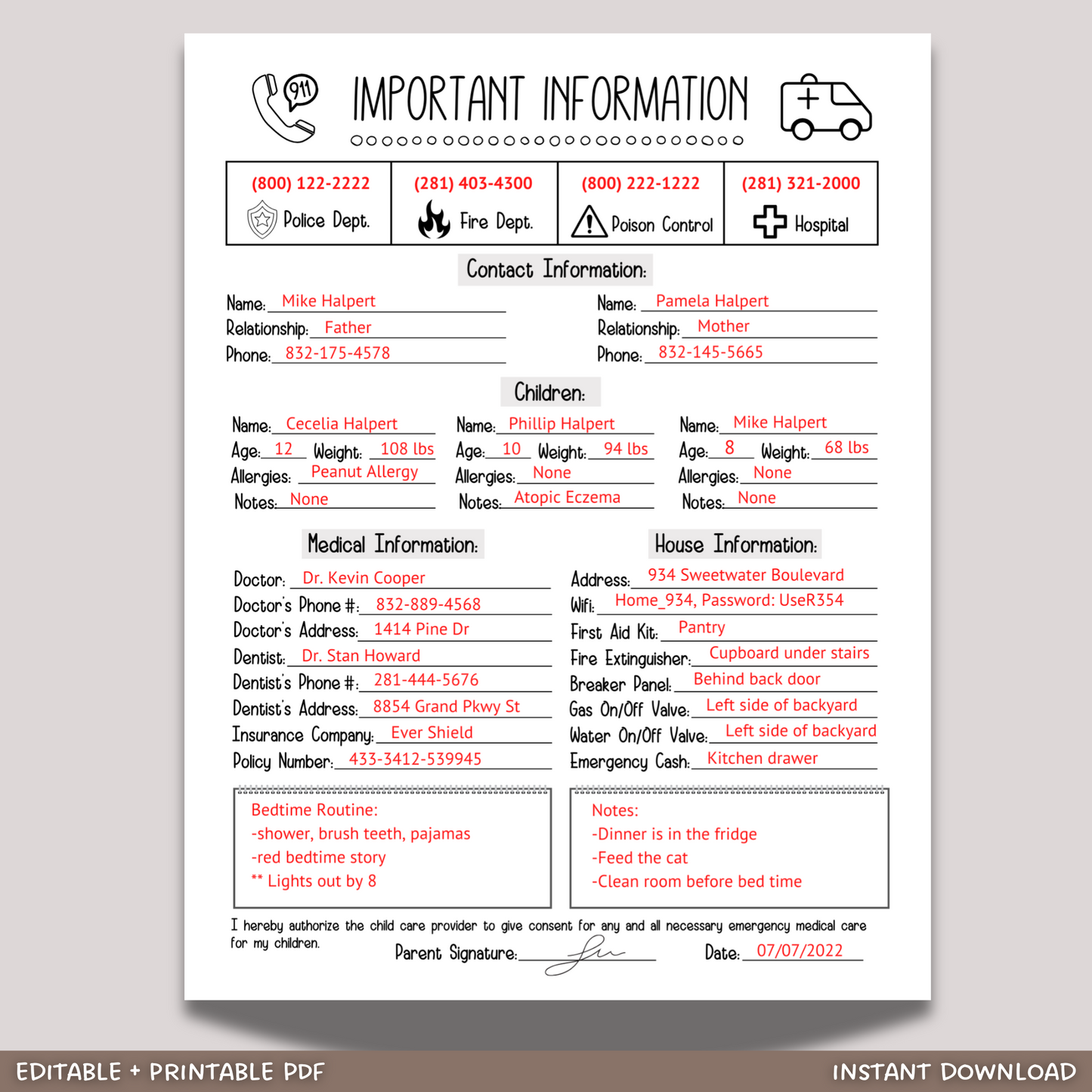 Emergency Contact Information Sheet Editable, Babysitter Info Sheet Printable