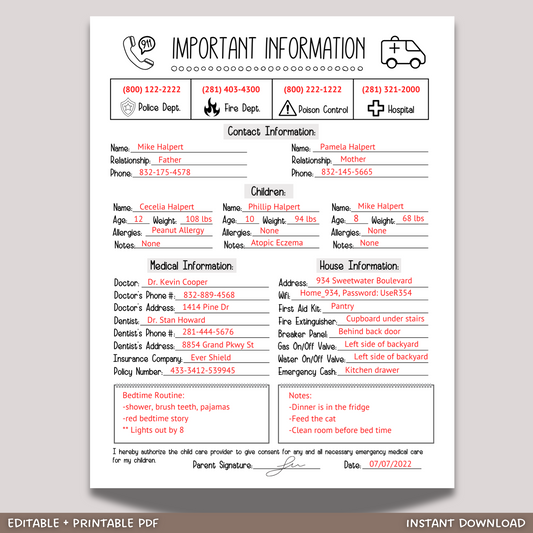 Emergency Contact Information Sheet Editable, Babysitter Info Sheet Printable