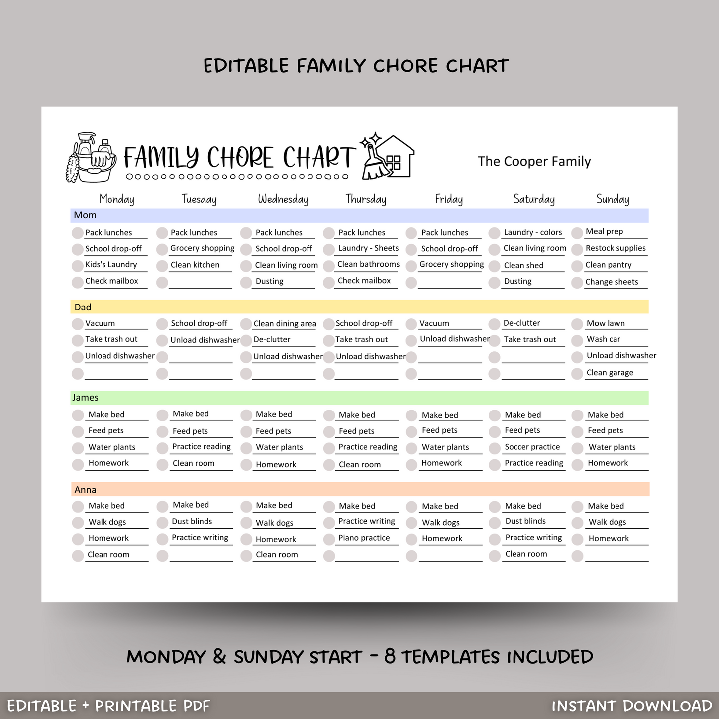 Family Chore Chart Printable, Editable Weekly Household Calendar Schedule