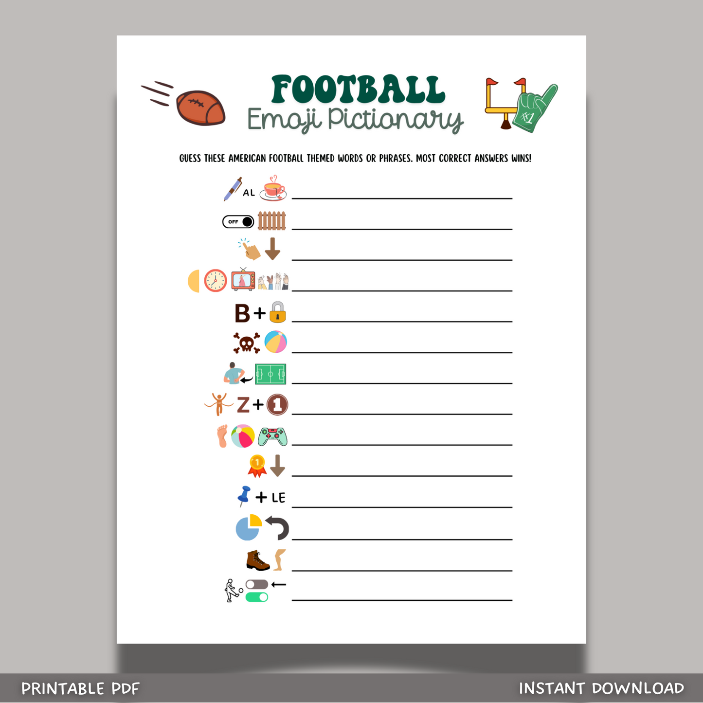 2025 Football Emoji Pictionary Game Printable, Super Bowl Sunday Party Game Tailgate Activity, Fantasy Football