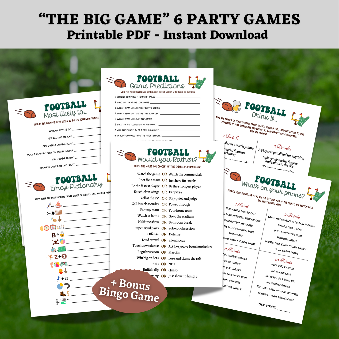 Football Party Games Printable, 2025 The Big Game Super Sunday Fun Activity for Kids & Adults