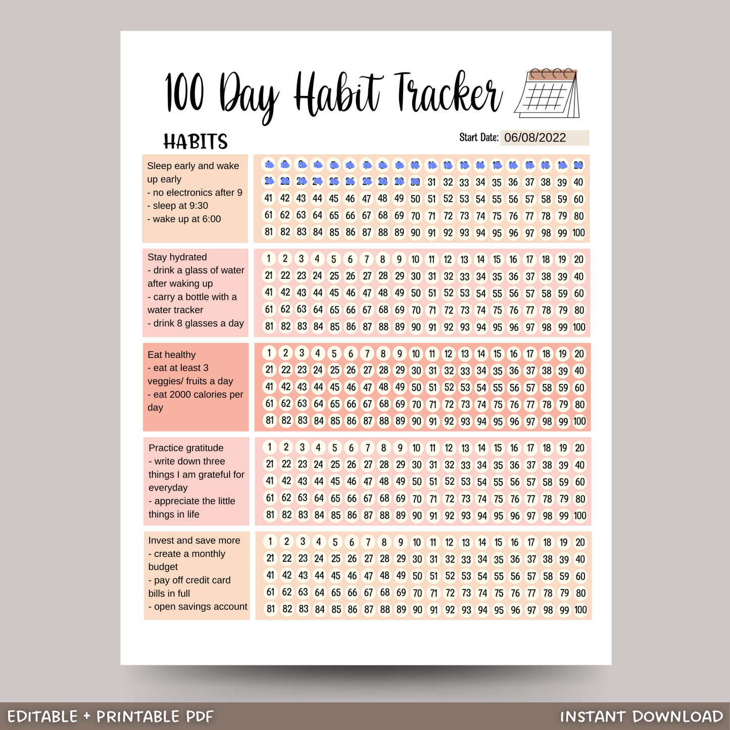 Habit Tracker Editable & Printable, Daily Habit Chart, Goal Planner Log