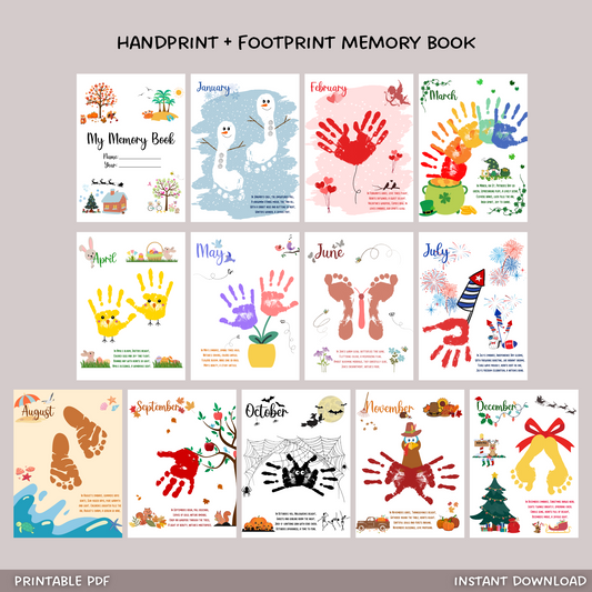 Handprint Memory Book Printable, DIY Footprint Art Kids Activity, Monthly Keepsake Craft