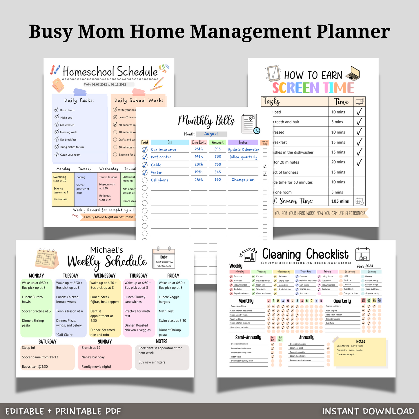 Home Management Household Binder Printable, Busy Mom Life Digital Planner Family Organizer
