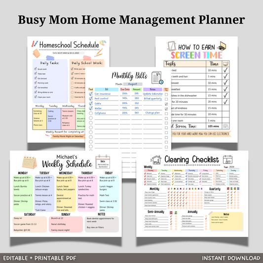 Home Management Household Binder Printable, Busy Mom Life Digital Planner