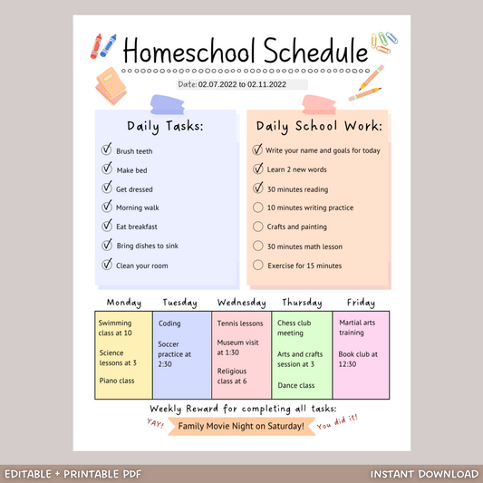 Editable Homeschool Schedule Printable For Kids, Preschool Lesson Planner