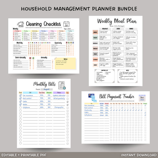 Household Planner Printable, Cleaning Checklist, Meal Planner, Bill Tracker