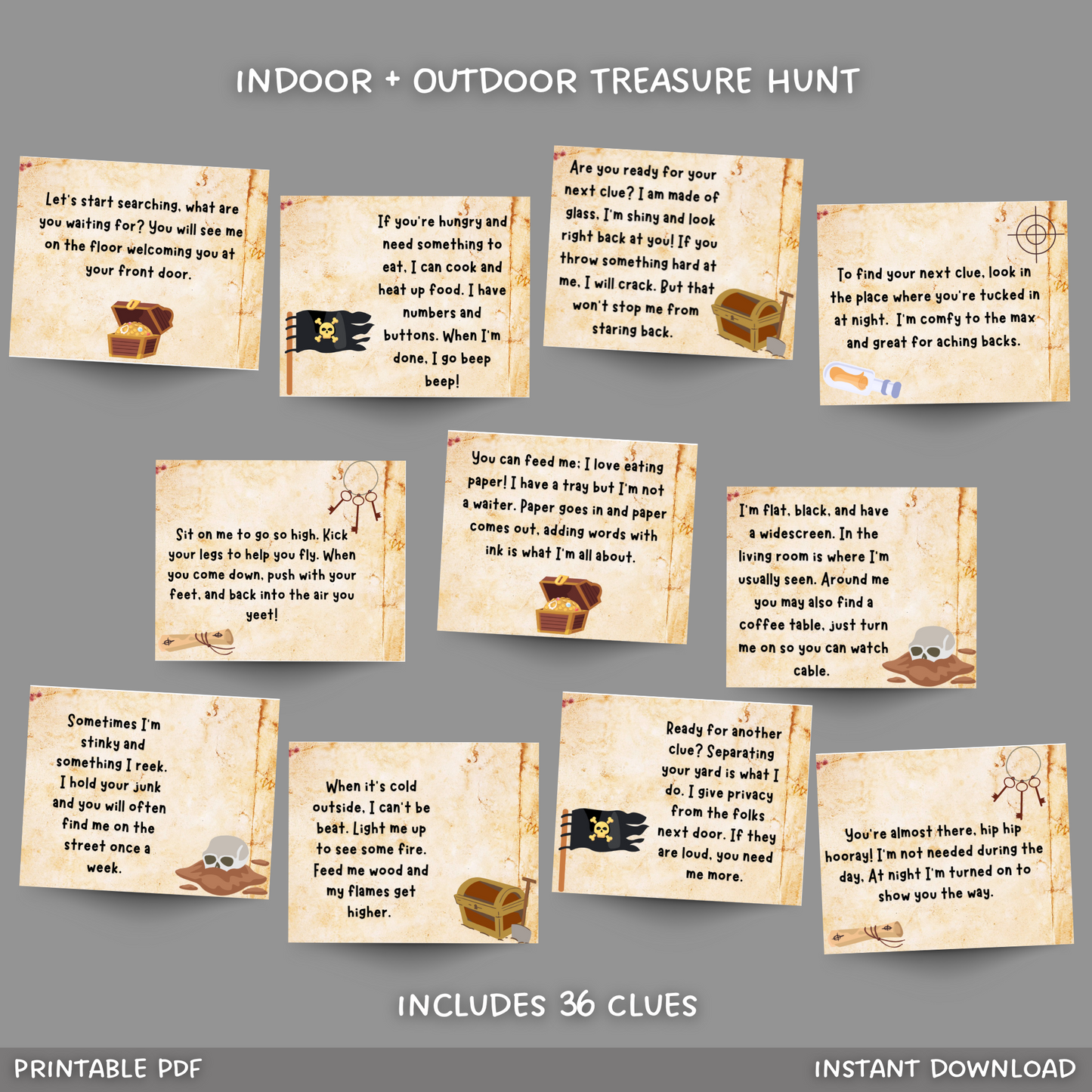 Indoor & Outdoor Treasure Hunt For Kids, Scavenger Hunt Clues Printable