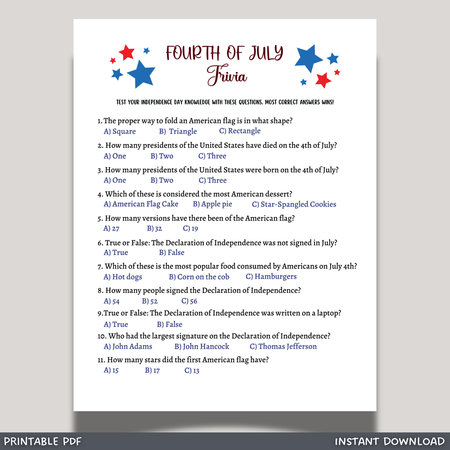 July 4th Trivia Game Printable, Family Activity Adults & Kids
