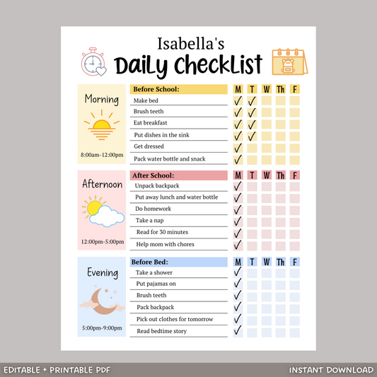 Kids Daily School Checklist Schedule Printable, Editable Chore Chart