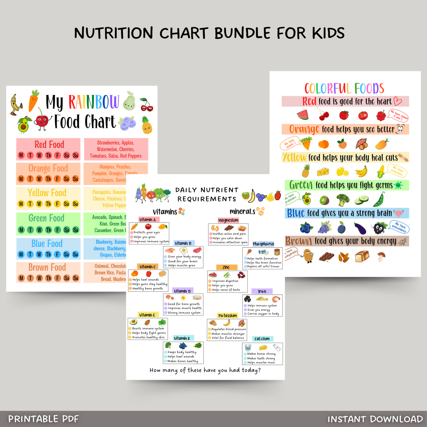 Kids Food Nutrition Chart Printable Bundle, Healthy Food Educational Poster, Eat The Rainbow Checklist