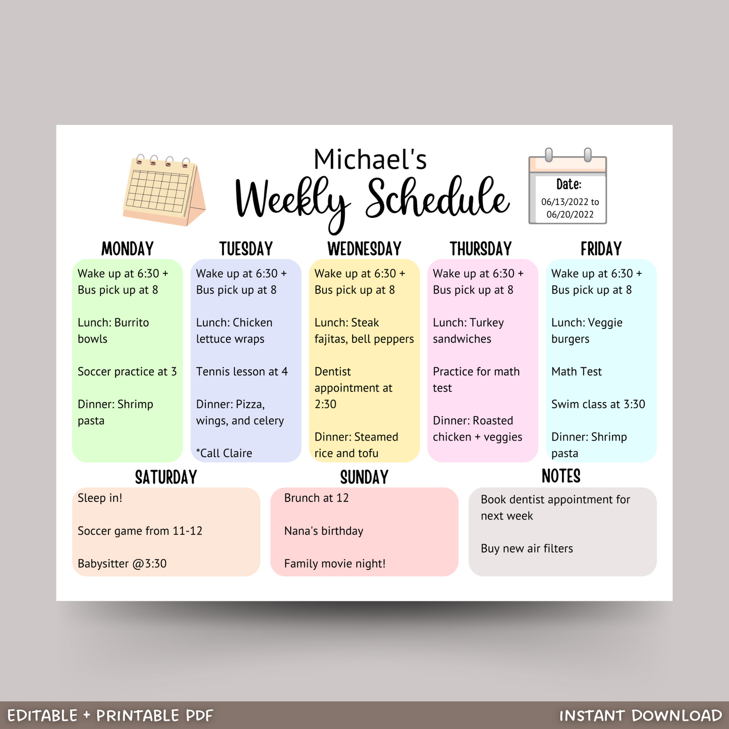 Kids Weekly Planner Printable, Editable Weekly Schedule Chart