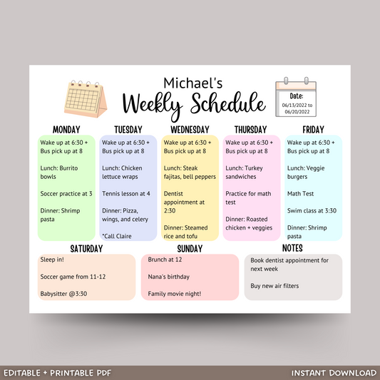 Kids Weekly Planner Printable, Editable Weekly Schedule Chart