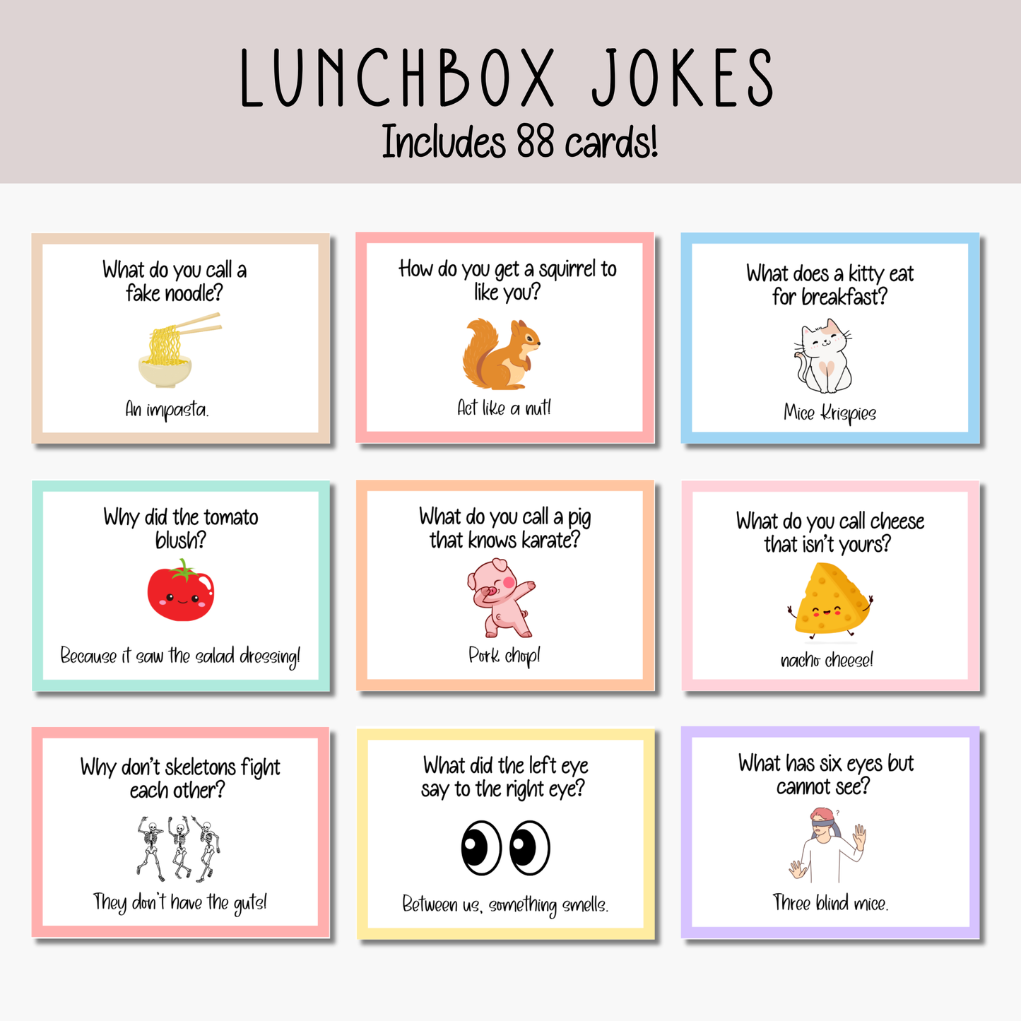 Lunchbox Jokes Cards for Kids Printable, Funny Lunch Box Notes