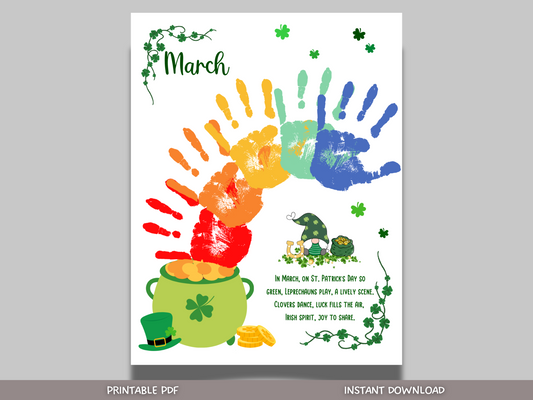 March Handprint Footprint Crafts Printable, DIY St Patricks Day Art for Kids