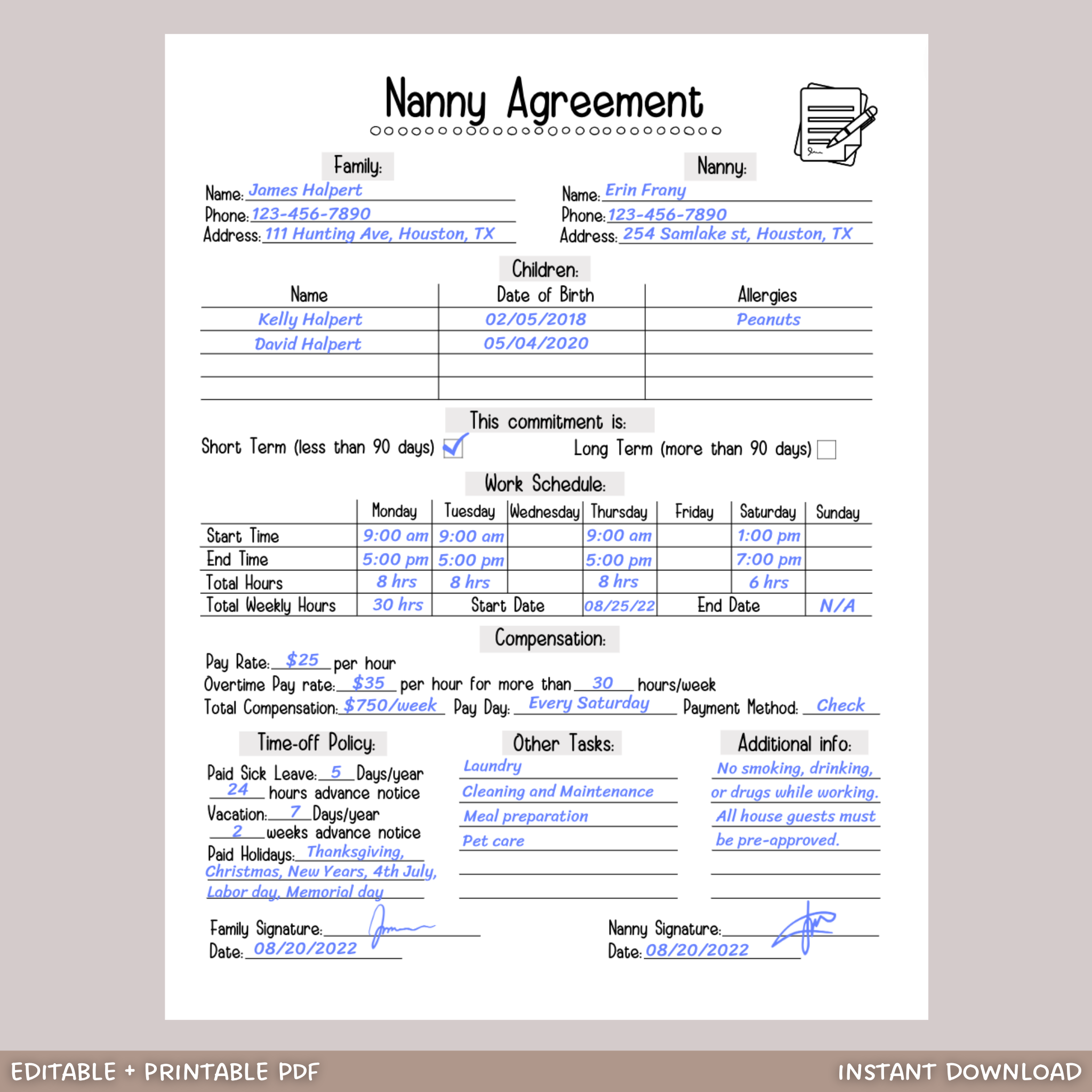 Nanny Agreement Worksheet Editable Printable Babysitter Contract Scribbled LLC