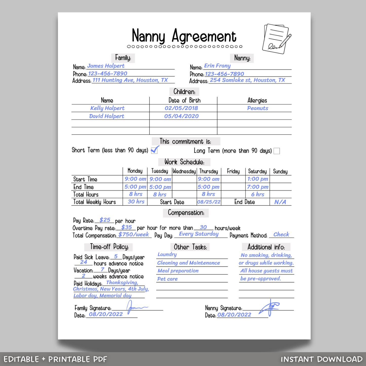 Nanny Agreement Worksheet Editable, Printable Babysitter Contract