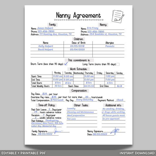 Nanny Agreement Worksheet Editable, Printable Babysitter Contract