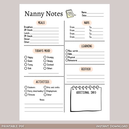 Nanny Notes Printable, Babysitter Information Sheet, Daily Nanny Log, Caregiver Checklist