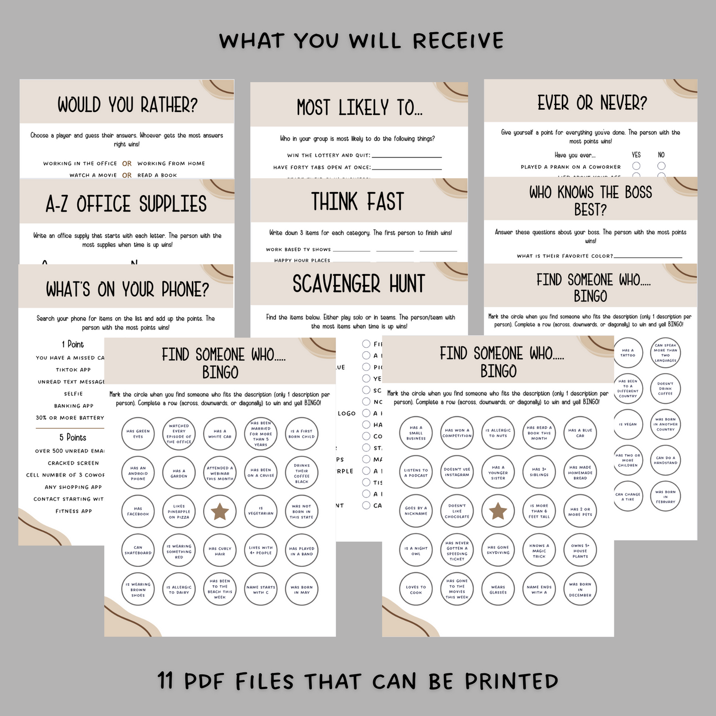 Office Party Games Printable, Work Icebreakers, Team Building Happy Hour Games