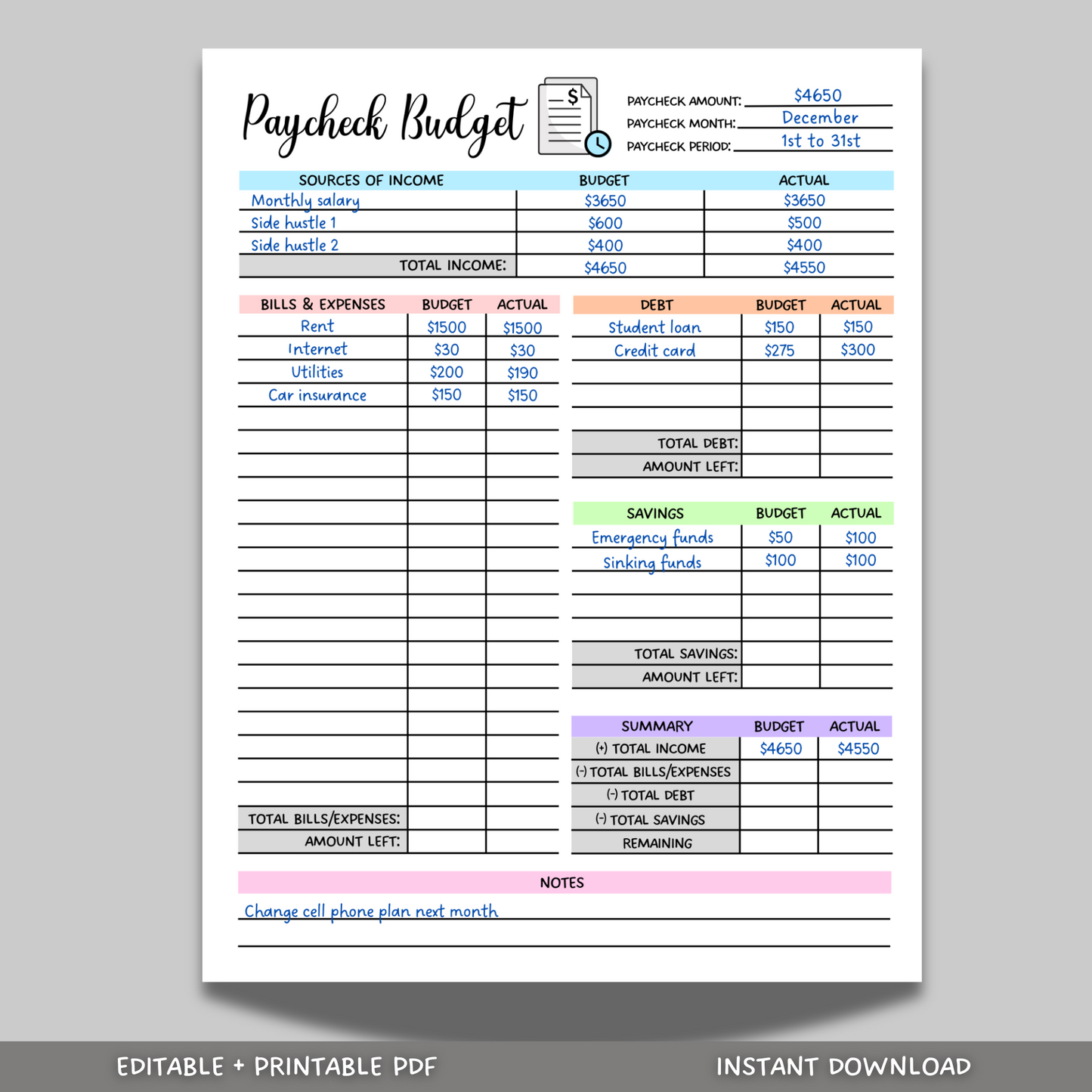 Paycheck Budget Overview Planner Printable, Minimalist Budget Tracker