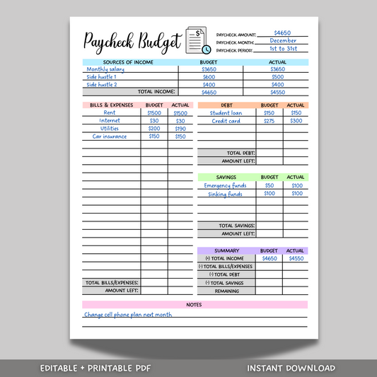 Paycheck Budget Overview Planner Printable, Minimalist Budget Tracker