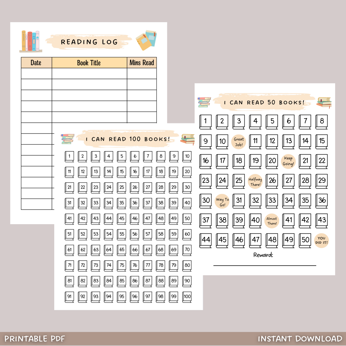 Printable Reading Chart Kids, Reading Log Tracker 50 & 100 Books