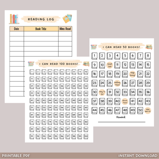 Printable Reading Chart Kids, Reading Log Tracker 50 & 100 Books
