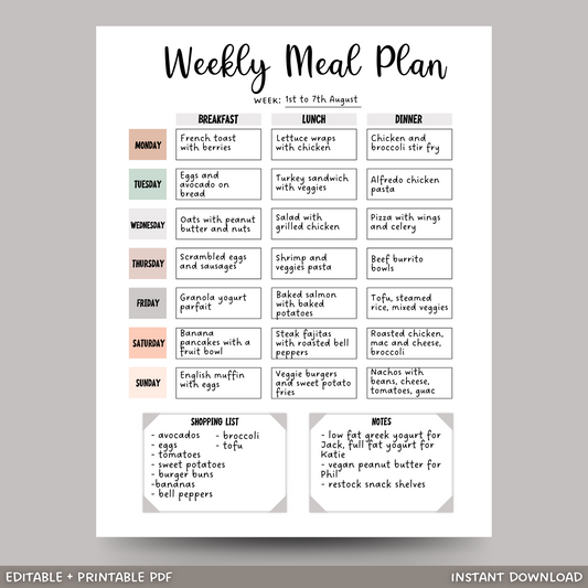 Printable Weekly Meal Planner, Editable Family Menu Digital Planner