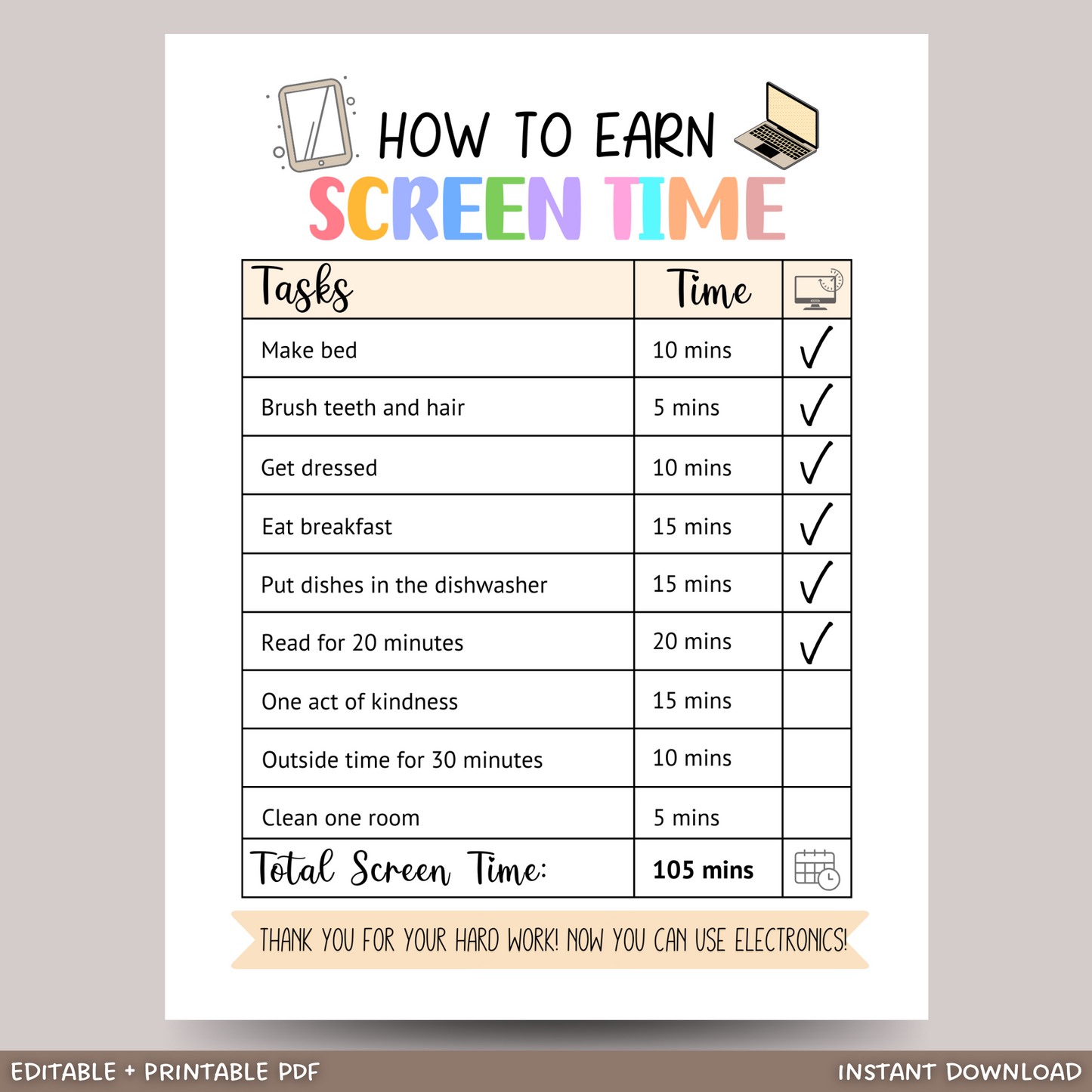 Screentime Chart Checklist Kids Printable, Editable Chore Chart Tracker