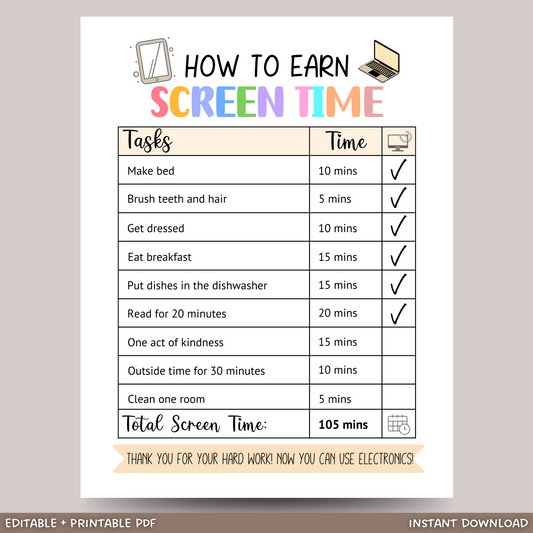 Screentime Chart Checklist Kids Printable, Editable Chore Chart Tracker