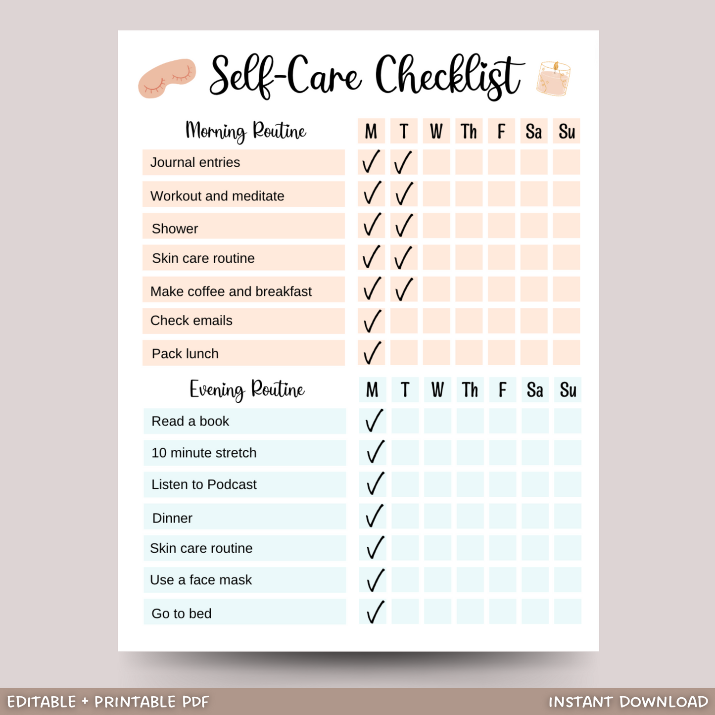 Self Care Checklist Printable Digital Planner, Daily Wellness Planner