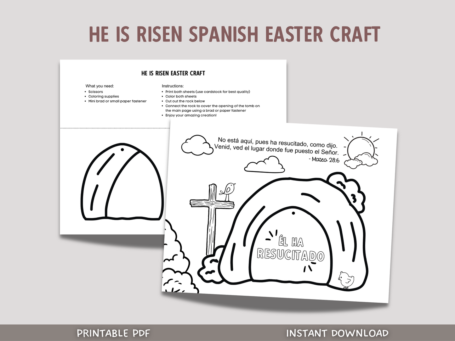 Spanish He is Risen Easter Coloring Craft Printable, Christian Religious Education For Kids Homeschool Activity Empty Tomb (Copy)