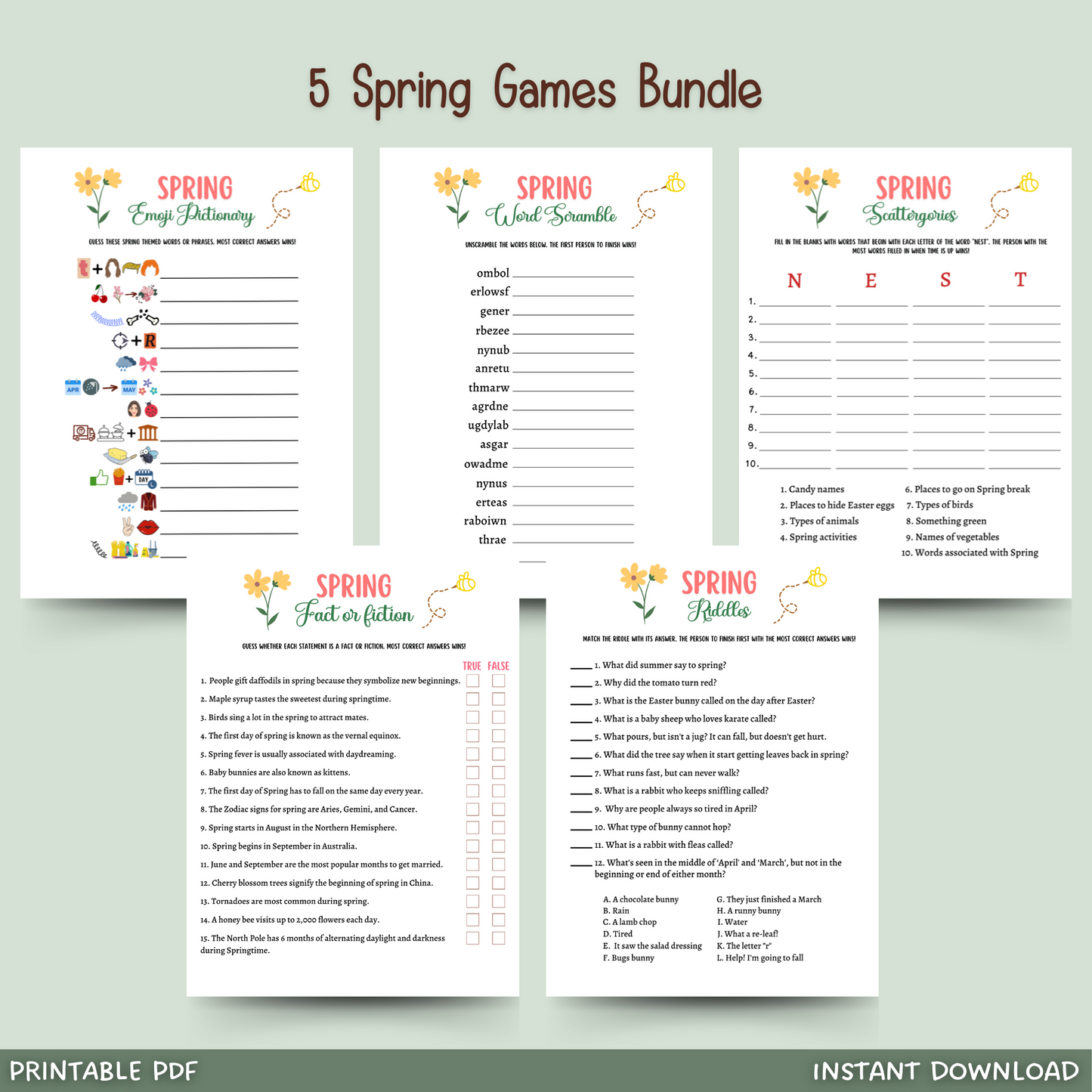 Spring Party Games Printable, Springtime Activities for Adults & Kids