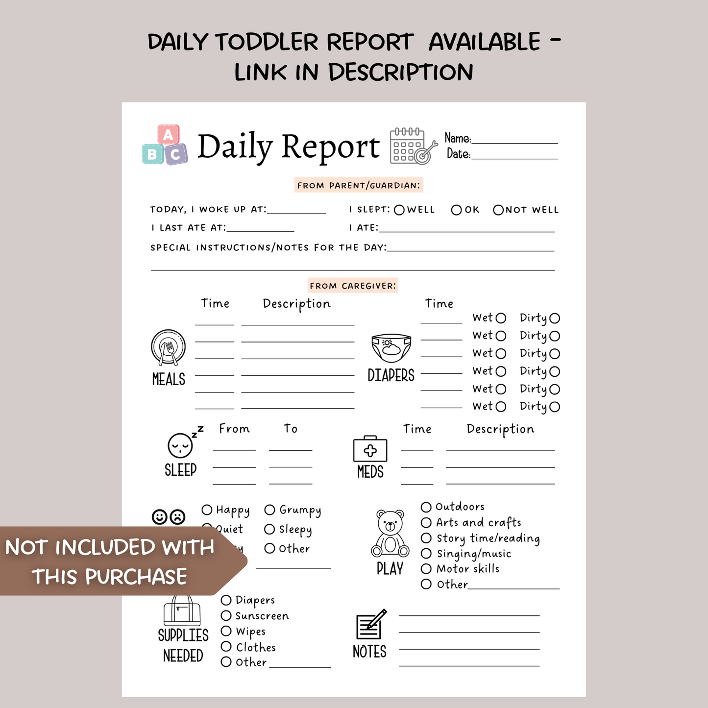 Infant Daily Log Printable, Baby Daycare Tracker Template, Nanny Log