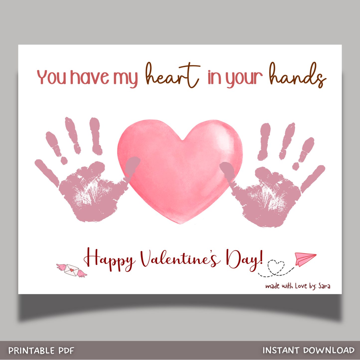 Valentines Handprint Holiday Crafts Printable, DIY Heart Art for Kids Preschool Homeschool Activity