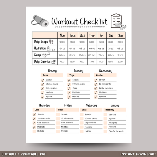 Editable Workout Checklist, Printable Daily Exercise Gym Log Planner