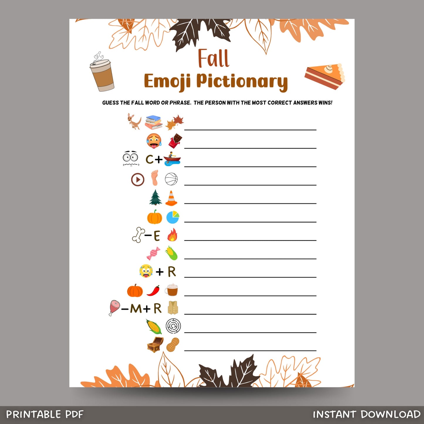 Fall Emoji Pictionary Game Printable, Fun Autumn Games, Emoji Game, Fall Time Activities for Adults & Kids, Family Activity Thanksgiving