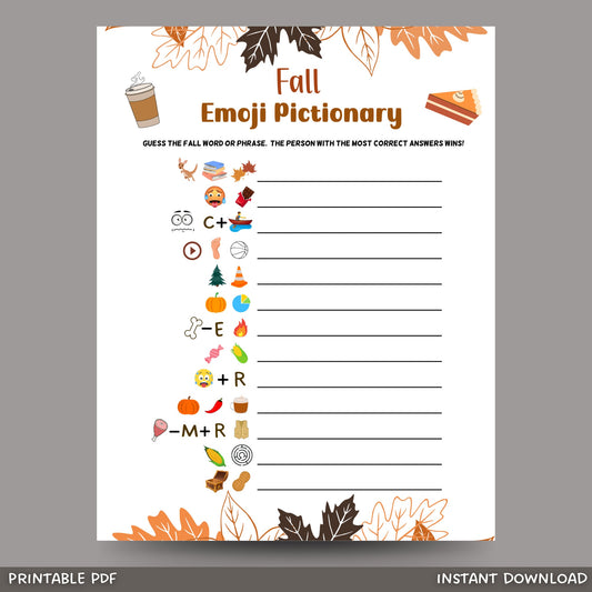 Fall Emoji Pictionary Game Printable, Fun Autumn Games, Emoji Game, Fall Time Activities for Adults & Kids, Family Activity Thanksgiving