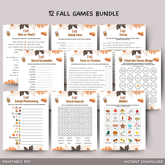 Fall Games Bundle Printable, Fun Autumn Games, Fall Time Family Activities, Fall Activity Adults & Kids, Thanksgiving Halloween Printables