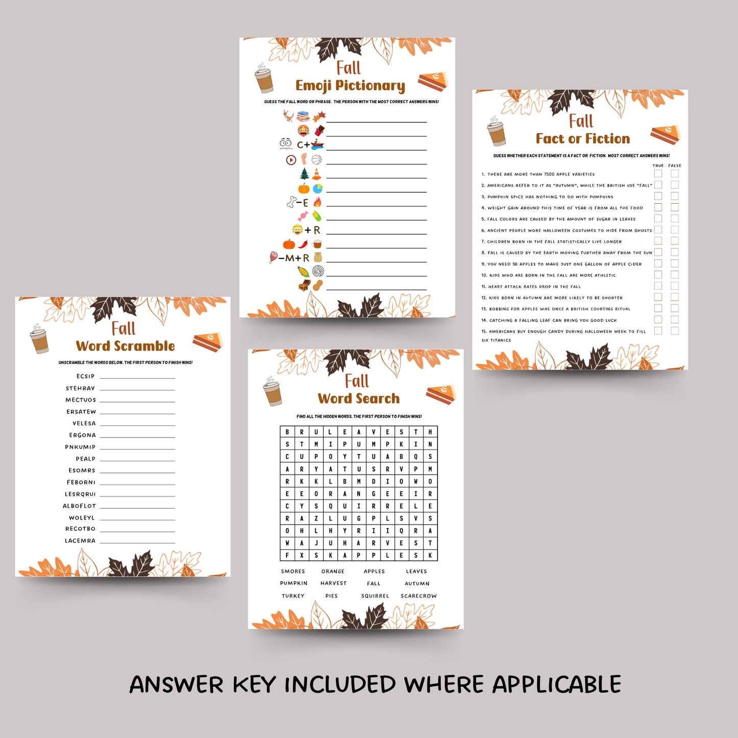 Fall Games Bundle Printable, Fun Autumn Games, Fall Activity Adults & Kids, Thanksgiving Halloween Printables, Fall Time Family Activities