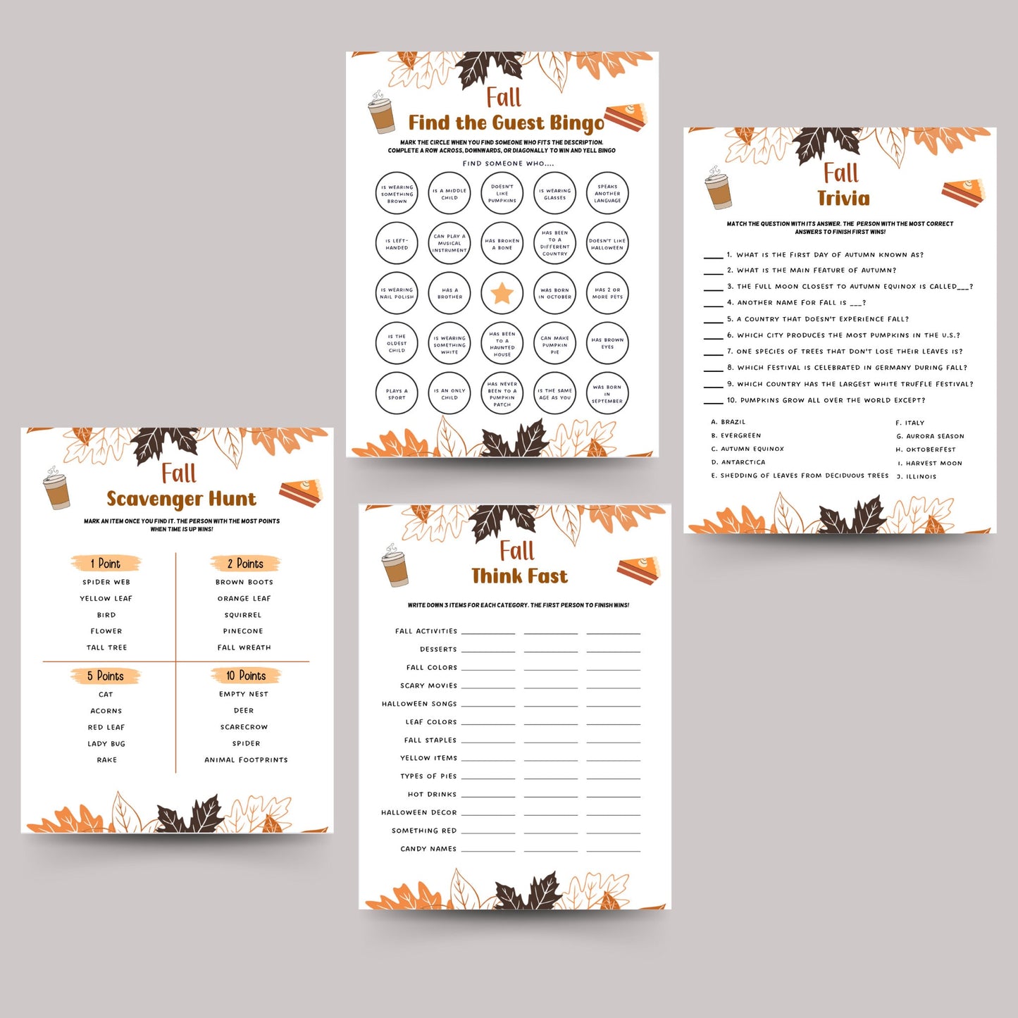 Fall Games Bundle Printable, Fun Autumn Games, Fall Activity Adults & Kids, Thanksgiving Halloween Printables, Fall Time Family Activities