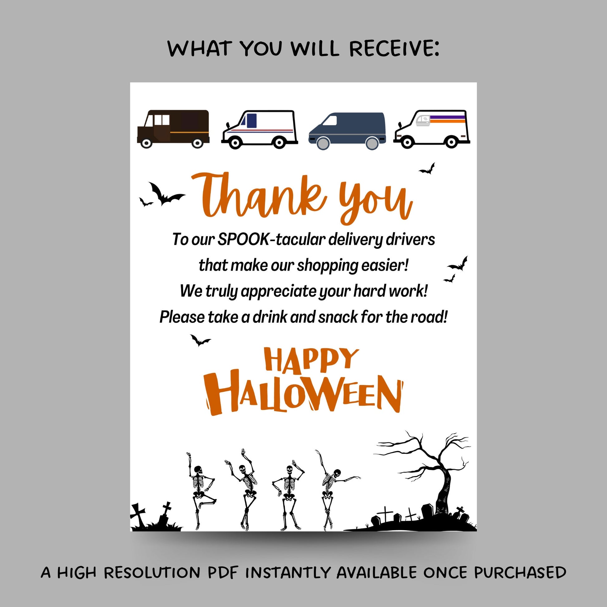 Halloween Delivery Driver Appreciation Sign, Thank You Sign, Snack & Drink Sign, Mail Carrier Treat Basket Printable Sign Halloween Delivery