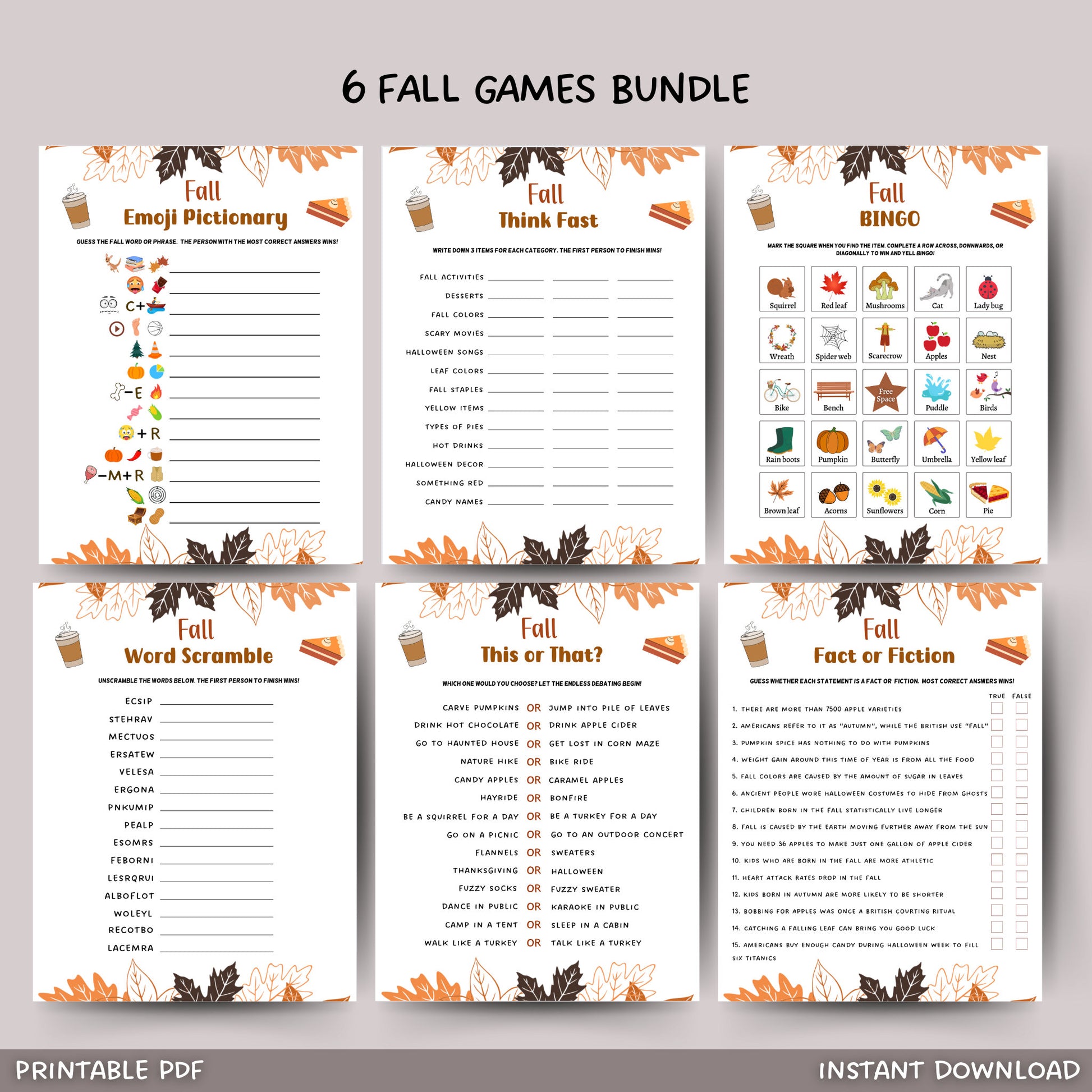 Fall Games Bundle Printable, Fall Time Family Activities, Fall Activity Adults & Kids, Fun Autumn Games, Thanksgiving Halloween Printables