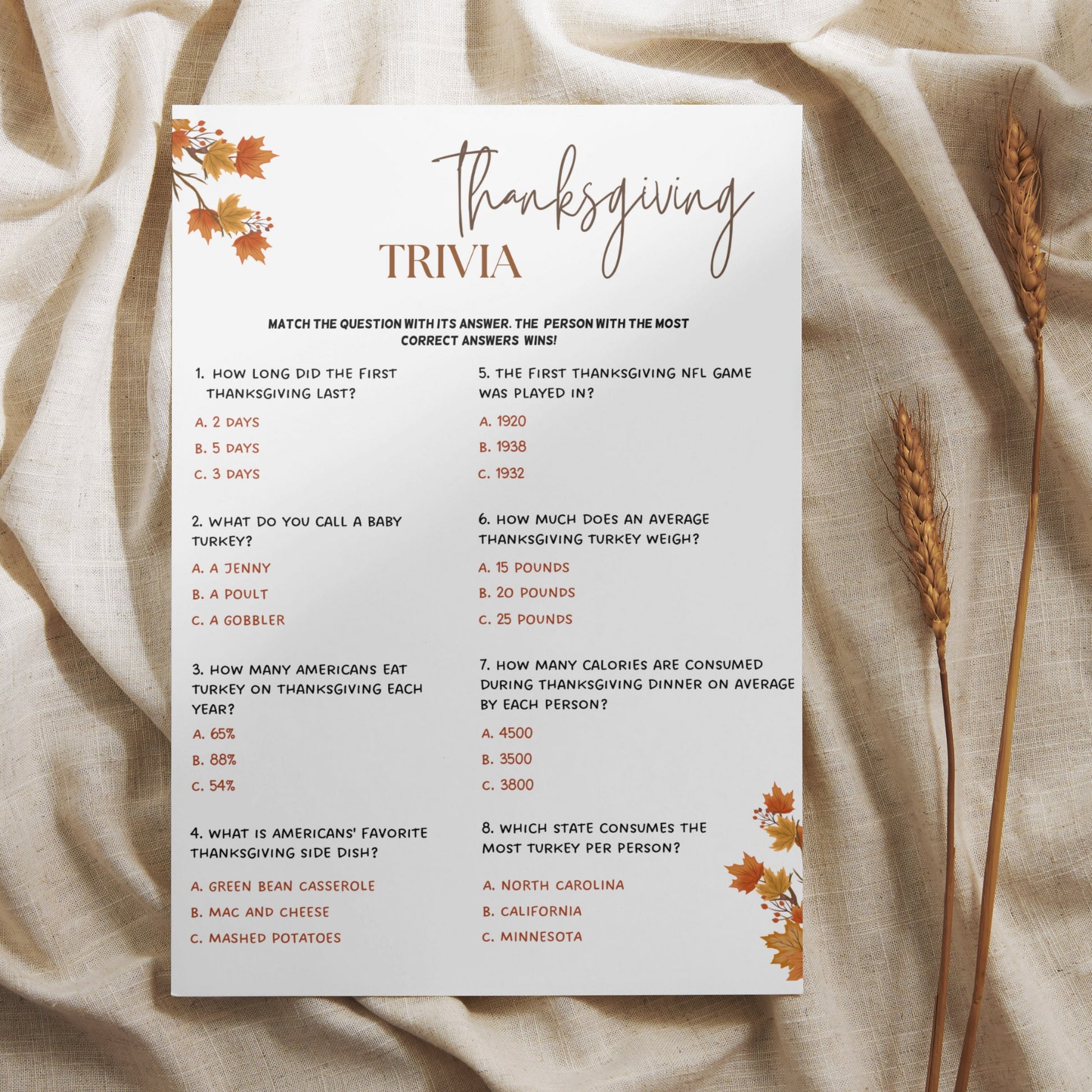 Thanksgiving Trivia Game Printable, Fun Friendsgiving Game, Turkey Day, Fall Holiday Family Activity, Office Work Party Game, Classroom Game