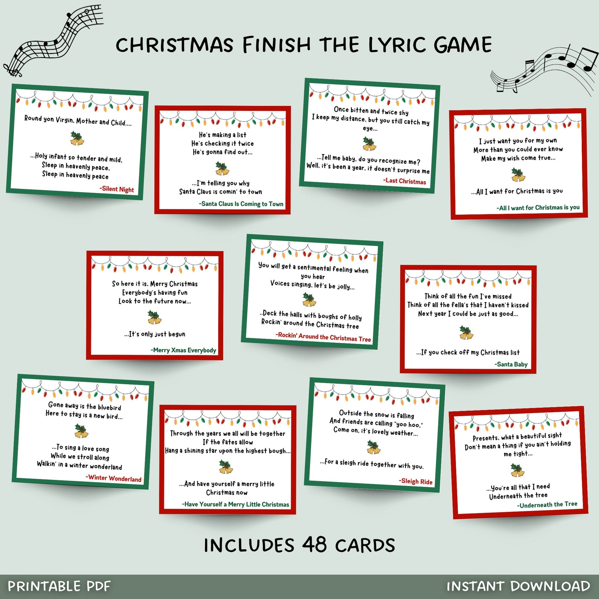 Christmas Finish The Lyric Game Printable, Christmas Carol Finish the Phrase, Finish the Song Xmas Party, Office Party, Family Dinner Party