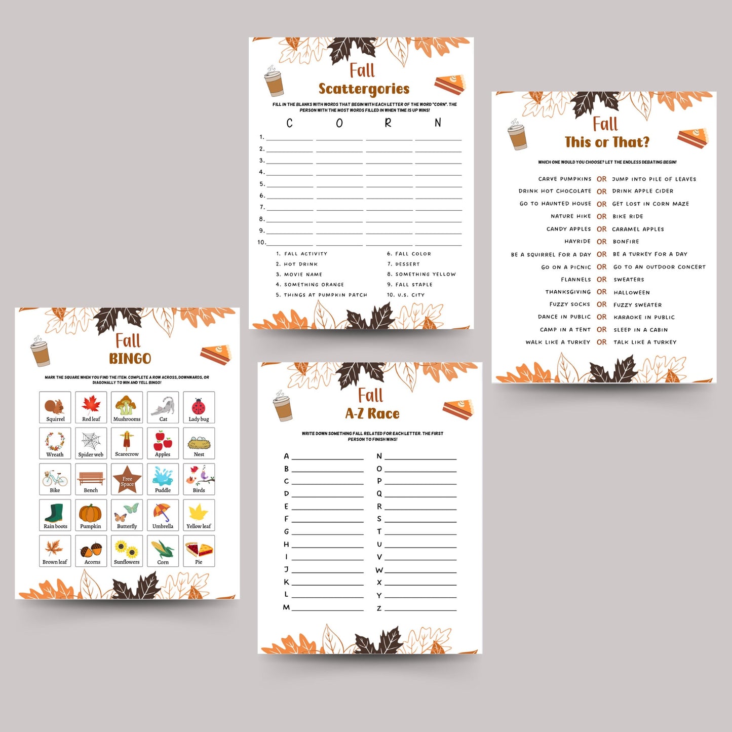 Fall Games Bundle Printable, Fun Autumn Games, Fall Activity Adults & Kids, Thanksgiving Halloween Printables, Fall Time Family Activities