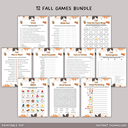 Fall Games Bundle Printable, Fun Autumn Games, Fall Activity Adults & Kids, Thanksgiving Halloween Printables, Fall Time Family Activities