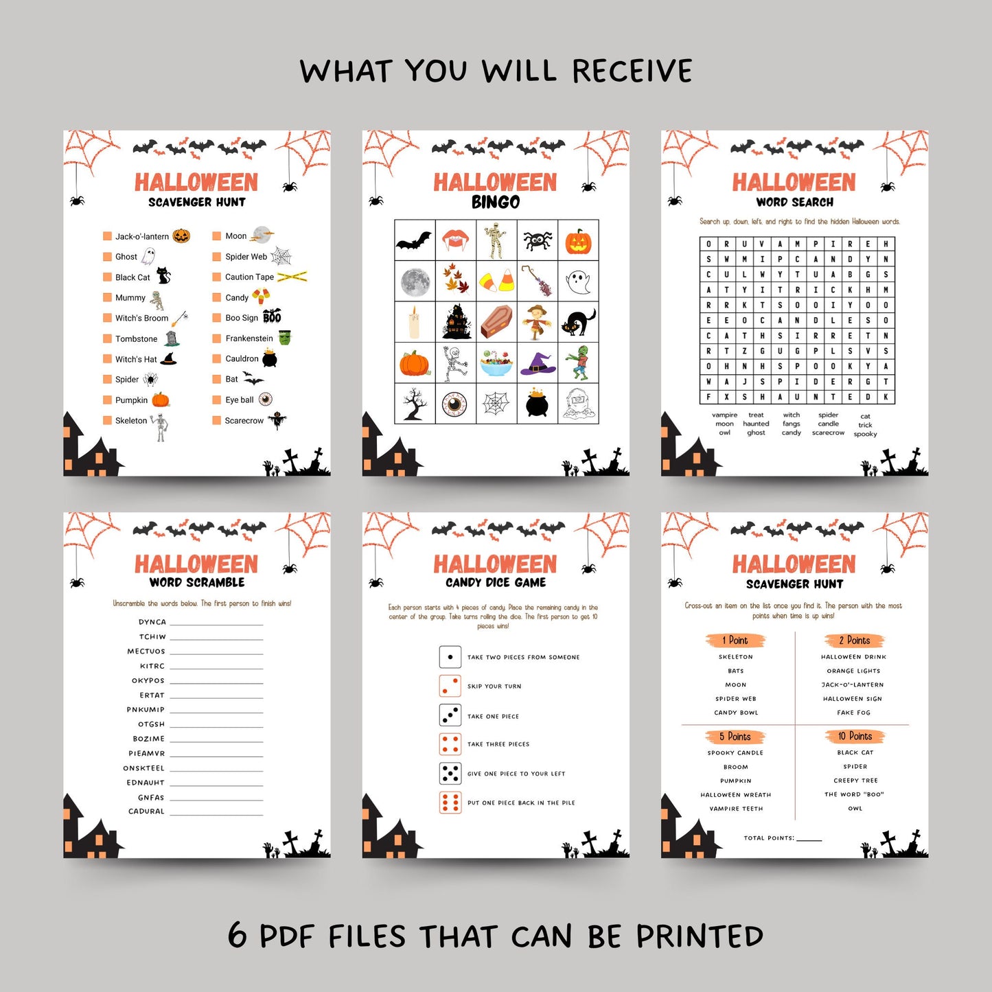 Halloween Games Bundle Kids Printable, Halloween Party Games, Scavenger Hunt, Candy Dice Game, Bingo, Word Search, Word Scramble