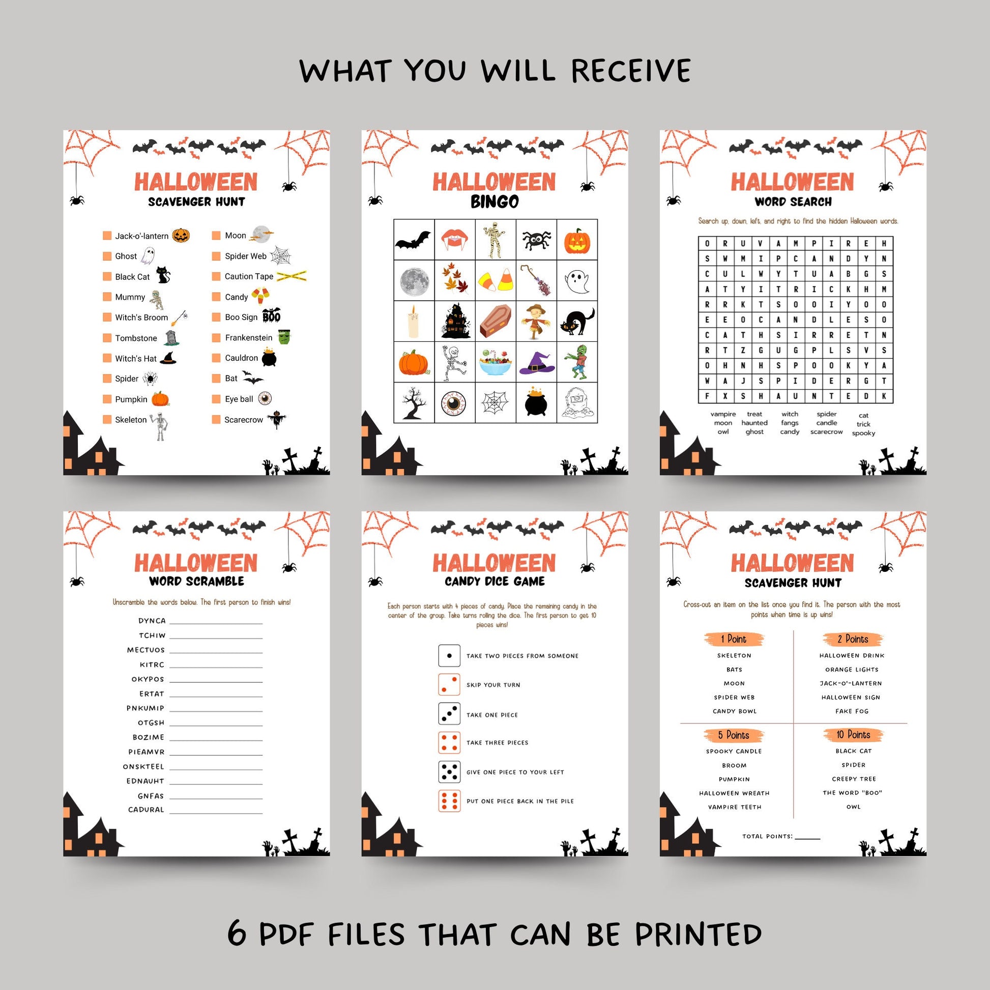 Halloween Games Bundle Kids Printable, Halloween Party Games, Scavenger Hunt, Candy Dice Game, Bingo, Word Search, Word Scramble